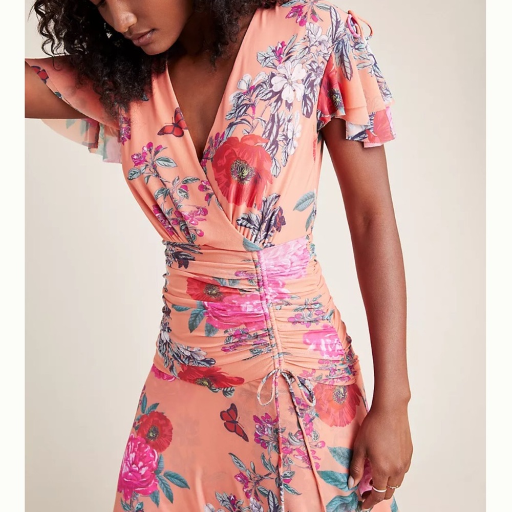 Anthropologie Peach and Pink Floral Midi Dress